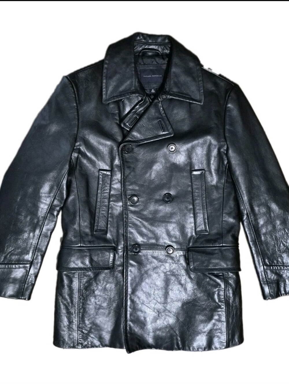 Banana Republic Men's Double-Breasted Leather Pea Coat in Black Size M. - Picture 4 of 11